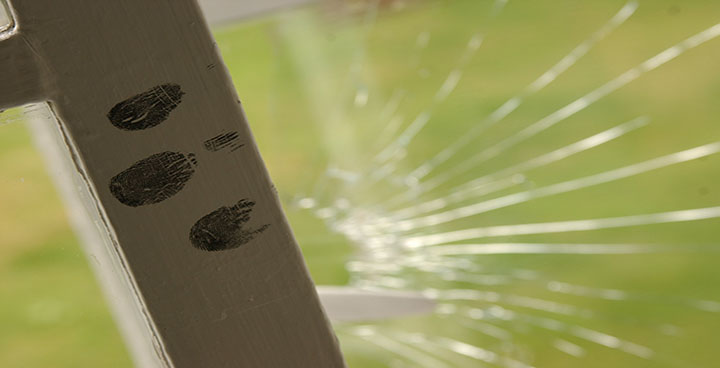 Smashed window pane, with dusted fingerprints on the frame.