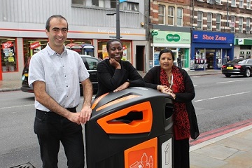 Cllr Jenny Brathwaite, Cllr Saleha Jaffer and Cllr John Kazantzis unveiling new street bins with recycling collection