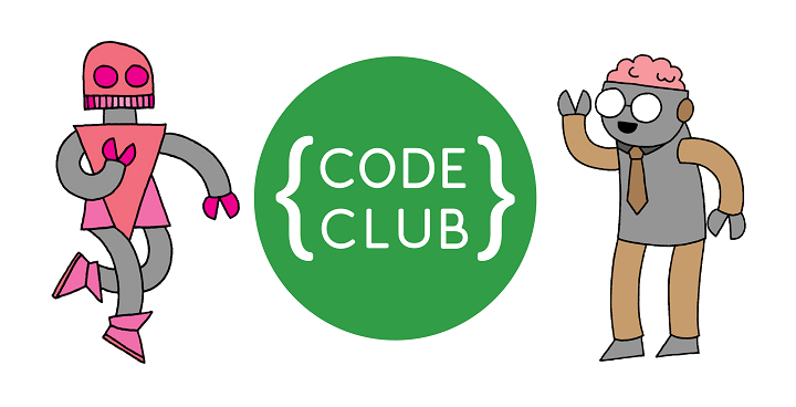 Code Club logo in a green circle, a cartoon robot stands each side.