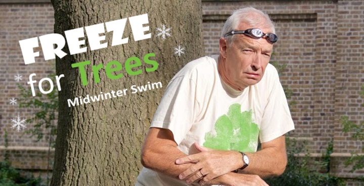 Channel 4 news presenter Jon Snow looking glum and wearing a Freeze for Trees t-shirt and a pair of swimming googles.