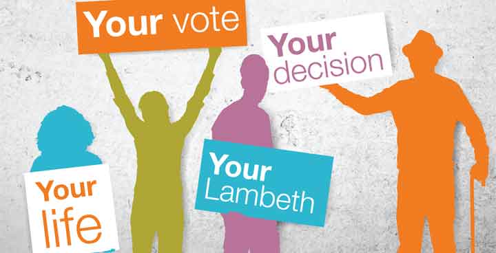 Colourful silhouettes holding the signs: "Your Lambeth", "Your future" and "Your decision".