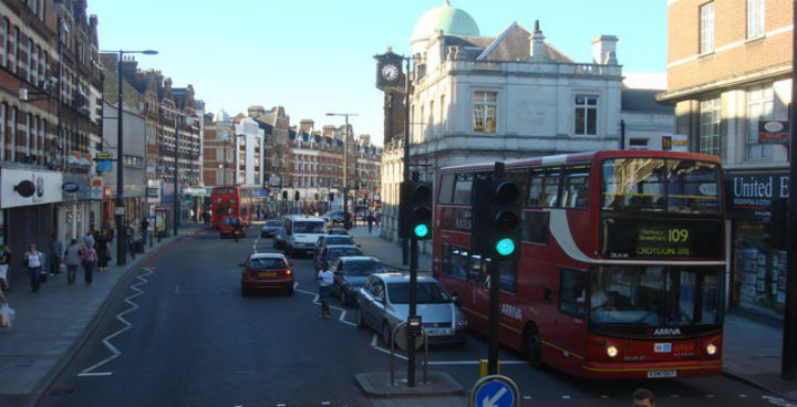 North facing view of the A23 in Streatham. Streatham Library is visible on the right.