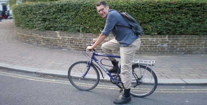 Jeremy Leach, London Campaign Co-ordinator for 20’s Plenty For Us, on a bike