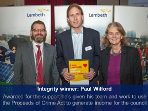 Integrity winner: Paul Wilford Awarded for the support he’s given his team and generate income for the council 