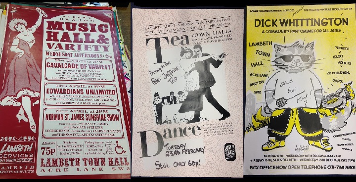 Posters of events held in Lambeth Town Hall over the decades