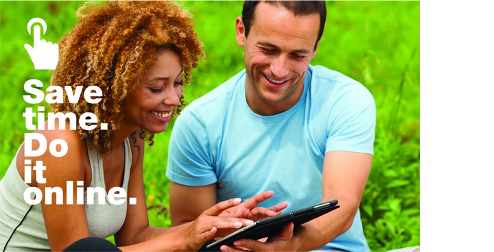 Couple sitting on grass using a tablet to access mylambeth. Caption "save time, do it online"