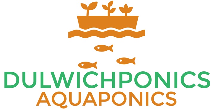 logo for Dulwichponics, depicting some plants with fish swimming below