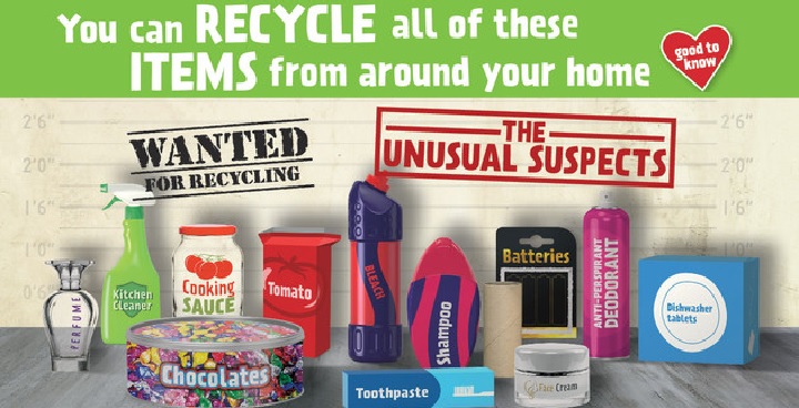 image of items that can be recycled, including bottles, boxes and juice cartons.