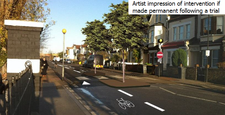Artist's impression of how Estreham Road could look with permanent island blocking traffic in one direction.