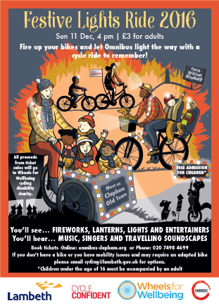 Lambeth Festive Light Ride 2016 poster containing the same writing as the article, plus cartoon images of people on bikes.