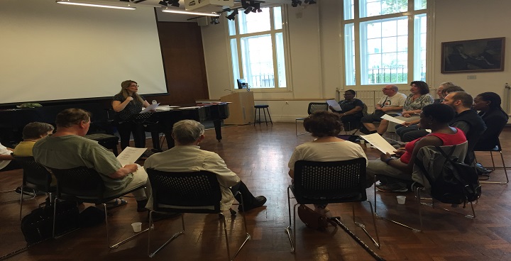 London stroke choir rehearsing at Morley College with vocal tutor