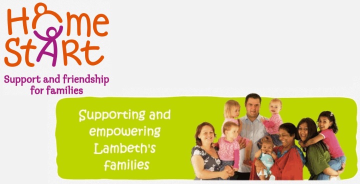 Home-Start Lambeth's logo on the left, with a group of people to the right and the words "supporting and empowering Lambeth's families"