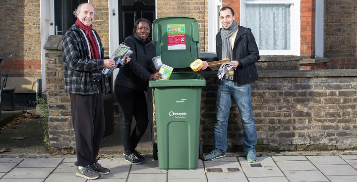 Cllr Brathwaite and Street Champions, Monir EL-Moudden and Mike Morfey with new green recycling bins