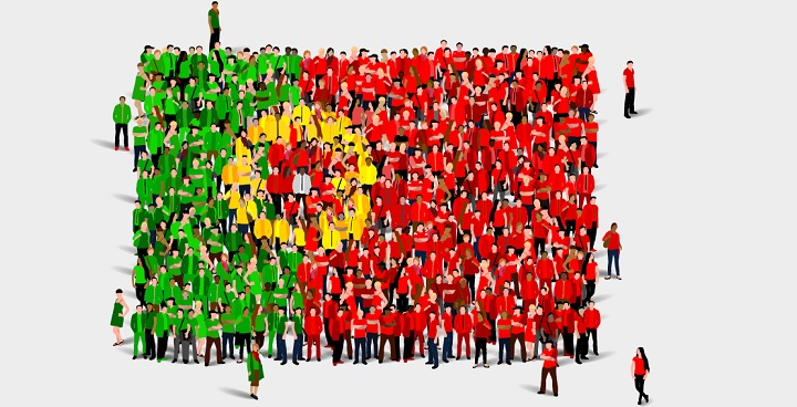 Small drawn people standing in a rectangle and wearing different coloured t-shirts to create Portuguese flag.