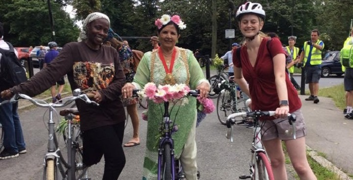 Three councillors in a row with their bikes. From left to right: Councillor Jennifer Brathwaite, Mayor Saleha Jaffer and Councillor Jane Edbrooke