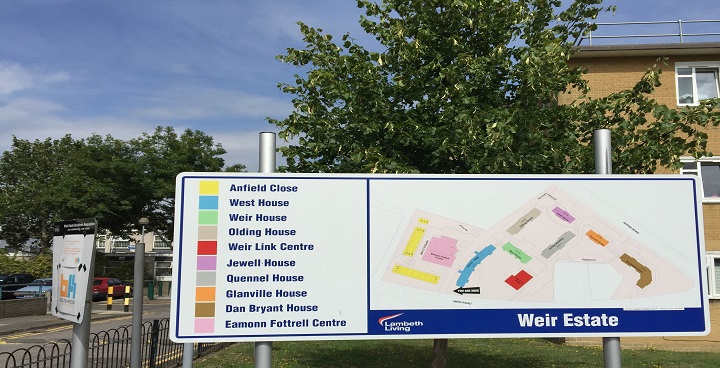 Weir estate sign with block names, map & colour coding