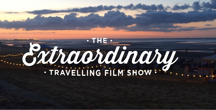 A sunset beach scene, overlaid caption reads "The Extraordinary Travelling Film Show"
