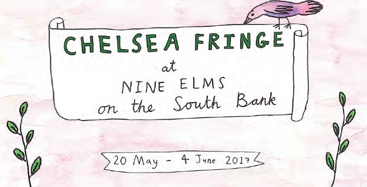 Hand drawn scroll with a bird sitting on it. Text on scroll reads "Chelsea Fringe at Nine Elms on the south bank"