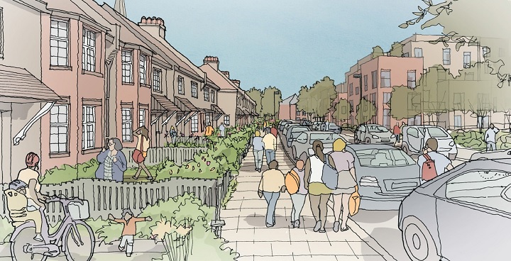 Artist impression of the future of Cancell Road and a new building on the site of the former Patmos Lodge.