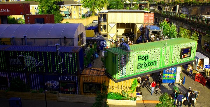 An aerial view of Pop Brixton, a vibrant community space created using colourfully painted shipping containers.