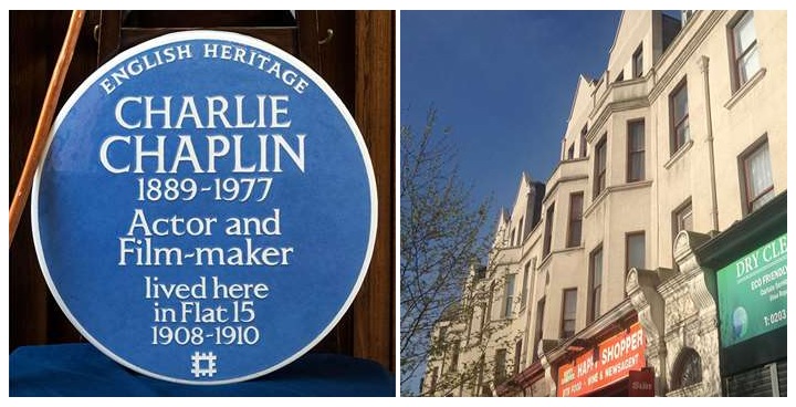 Blue plaque outside 15 Glenshaw Mansions. Inscription reads "CHARLIE CHAPLIN 1889-1977 Actor and Film-maker lived here in Flat 15 1908-1910"