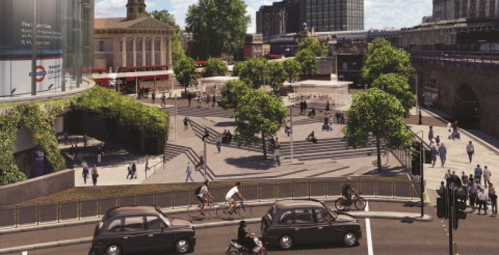 Artist impression of proposed transformation of the roundabout near the IMAX cinema; to create a new car-free public space for pedestrians, improve the road layout and transform the current bus station.