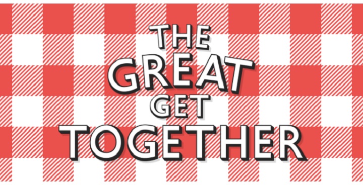 A red checker background with the caption "The Great Get Together"