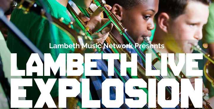 Four children in a row playing various wind instruments. Caption reads "Lambeth Music Network presents Lambeth Live Explosion"