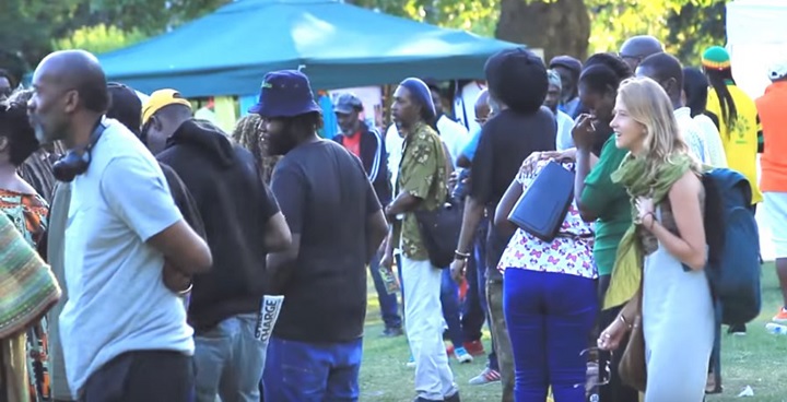 People attending the previous Africa International Day of Action, lots of people in a park with stalls in the background.