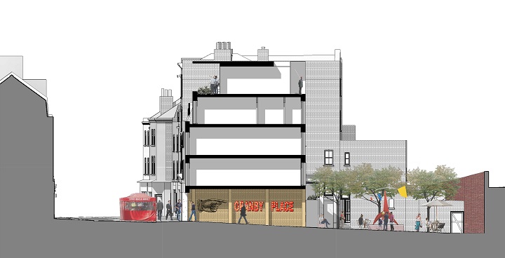 Cross-section of 114-118 Lower Marsh showing the walkway to Granby Place