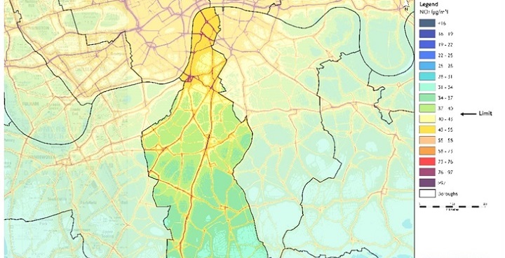 Map of NO2 concentrations across Lambeth (not from new project)