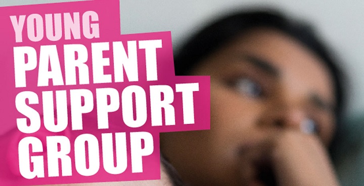 Blurred image of worried looking parent, caption reads "Young parent support group"
