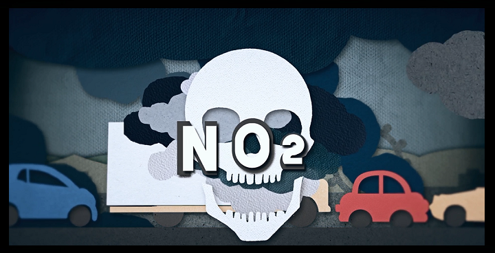 A still image from Explainer Film. A skull surrounded by NO2 car fumes