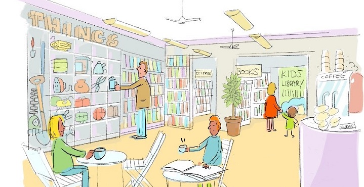 A sketch showing a Library of Things - the inside of a library with all sorts of community benefits