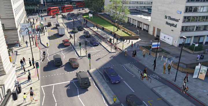 Westminster Bridge southbound (County Hall on left, St Thomas' hospital on right) new traffic layout with cycle lane inside bus lane shown outside St Thomas' hospital