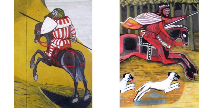 Murals of knight jousting and king hunting on horseback with dogs illustrating two of Chaucer’s Canterbury Tales