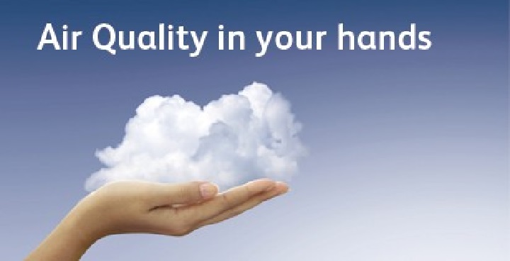 Hand holding a cloud. Caption reads "Air quality in your hands"