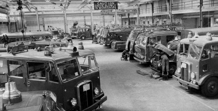 Fire Engine Festival at Fire Brigade museum: Black and white photos of vintage London Fire Brigade vehicles including 1940s style pump vehicles, fire engine with retractable ladders, and fireboat “Massey Shaw”