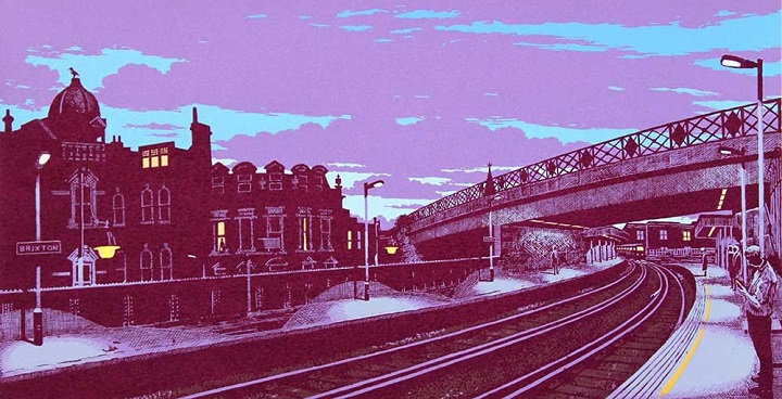 Brixton railway station empty platform in shades of purple and dark blue