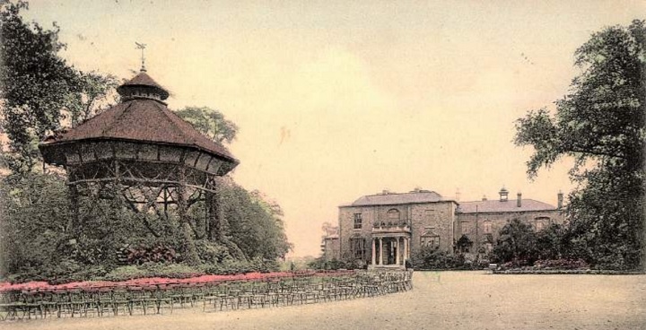 Brockwell Park the early years (talk) .Vintage hand tinted photograph captioned Band stand and house Brockwell park and dated Sept 1904