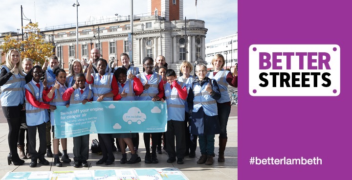 Councillor Jennifer Brathwaite with a group of children holding a banner campaigning for clean air.