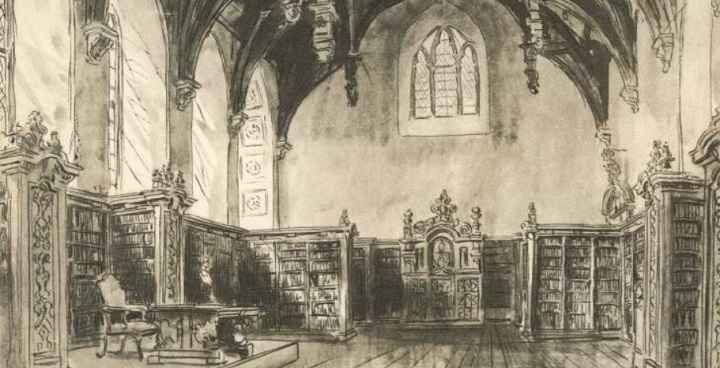 Lambeth Palace Library Tour: Black and white (pen-and-ink or charcoal?) drawing of reading room at Lambeth Palace Library with vaulted roofs, filled bookshelves, light coming into windows from left, church-style window high on wall directly in front, large reading desk on left