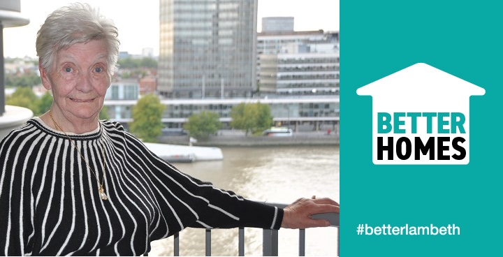 Sylvia, a new resident of Bankside extra care scheme posing for a photo on her balcony