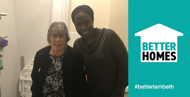 Cllr Brathwaite with Caroline, resident of Balmoral Court in her new bathroom