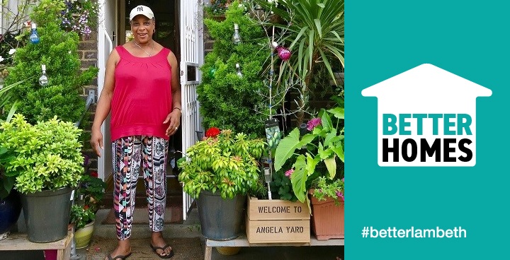 Mrs Morris ir red top and white baseball cap among the semi-tropical plants in her container garden - winners of a Blooming Lambeth prize 2017