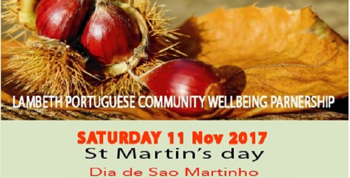 Portuguese Community Wellbeing Partnership St Martin's 11 Nov 2017 with edible chestnuts on branch & translation Dia de Sao Martinho'