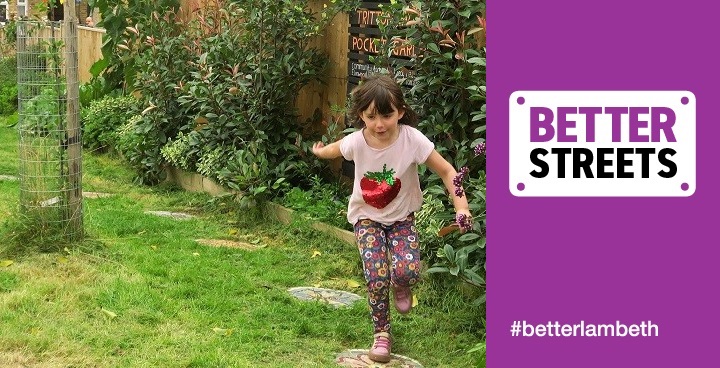 Primary school age girl in heart t-shirt running on stepping stones in garden with better streets logo