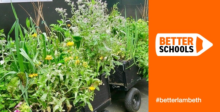 3 wheeled nand trucks planted with veg make up St Gabriel's college 'Blooming lambeth award-winning 'mobile garden' '