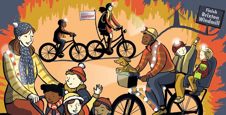 Cartoon drawing of a number of people and families on bikes with lights.