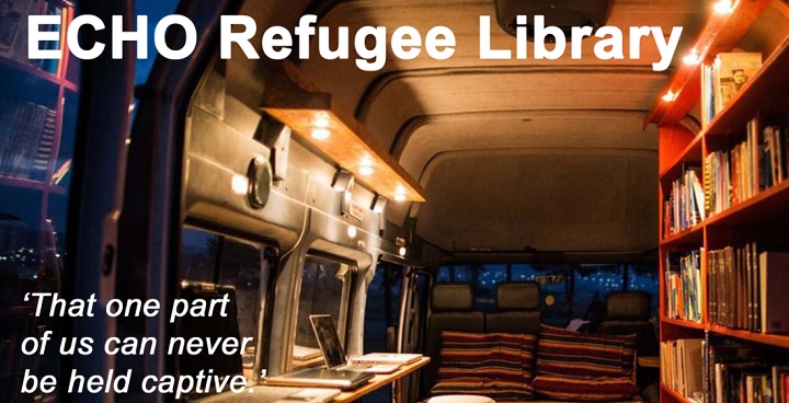 Interior view of the Echo refugee library van, with full book shelves on the right and a desk with laptops along the left.